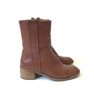 Coclico Mid Calf Boots Bootie Womens 38 7.5 Brown Leather Side Zip Rounded Toe